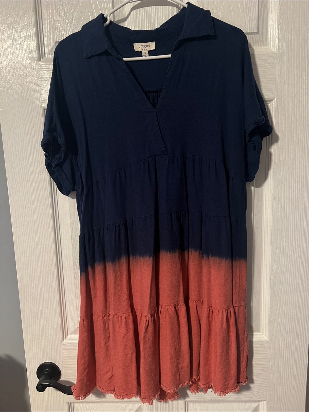 Umgee Navy to Coral Ombre Tiered Short Sleeve Dress